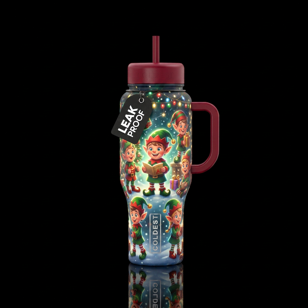 Cartoon christmas elves glowy water bottle design