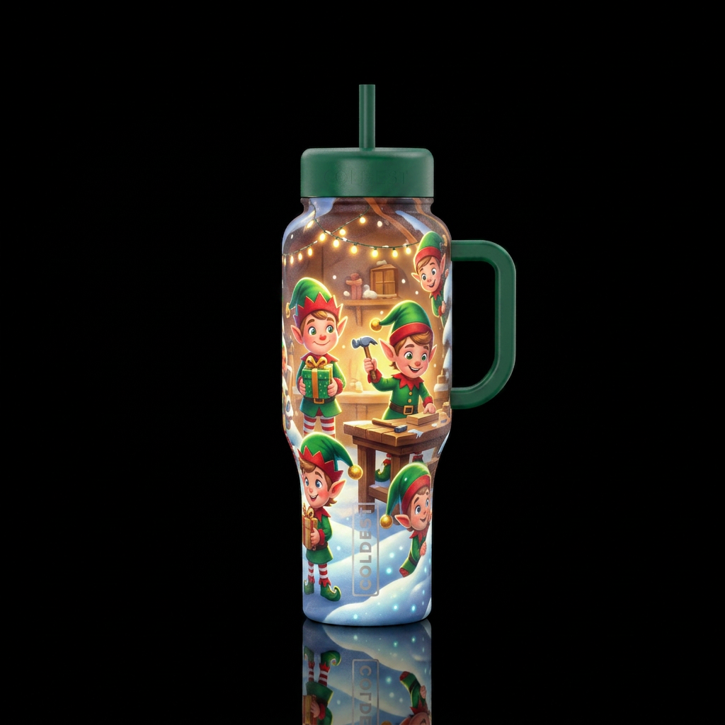 Cartoon christmas elves glowy water bottle design