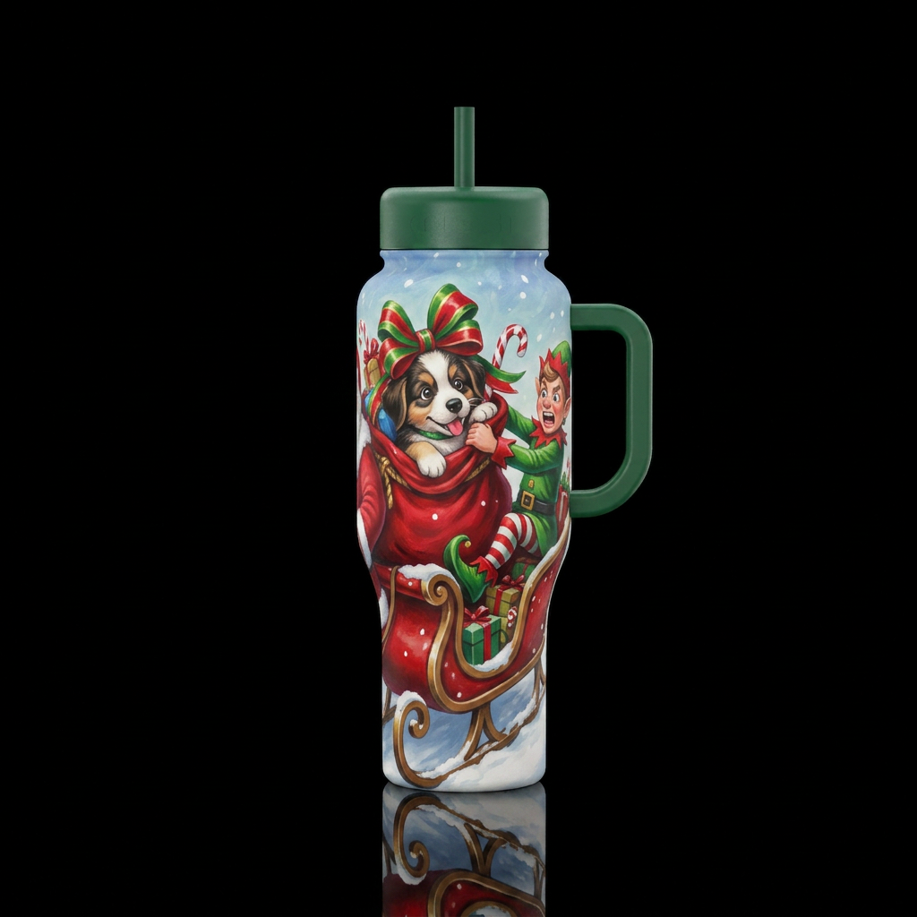 Puppy with Christmas bow peeking out of Santa's sa... water bottle design