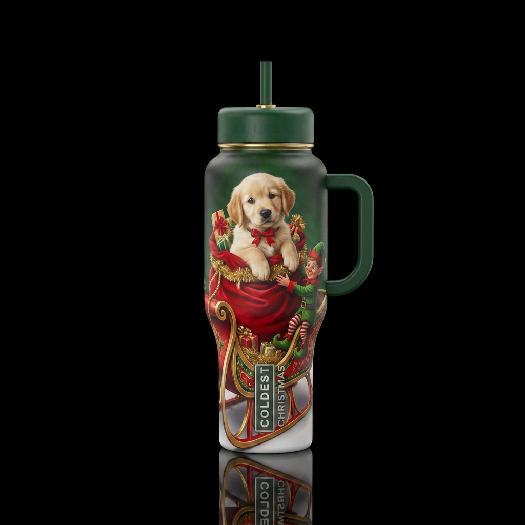 Puppy with Christmas bow peeking out of Santa's sa... water bottle design