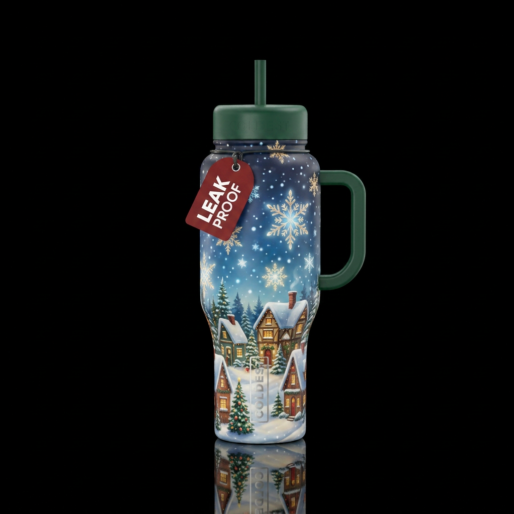 Glowy snowflakes falling in Christmas village water bottle design