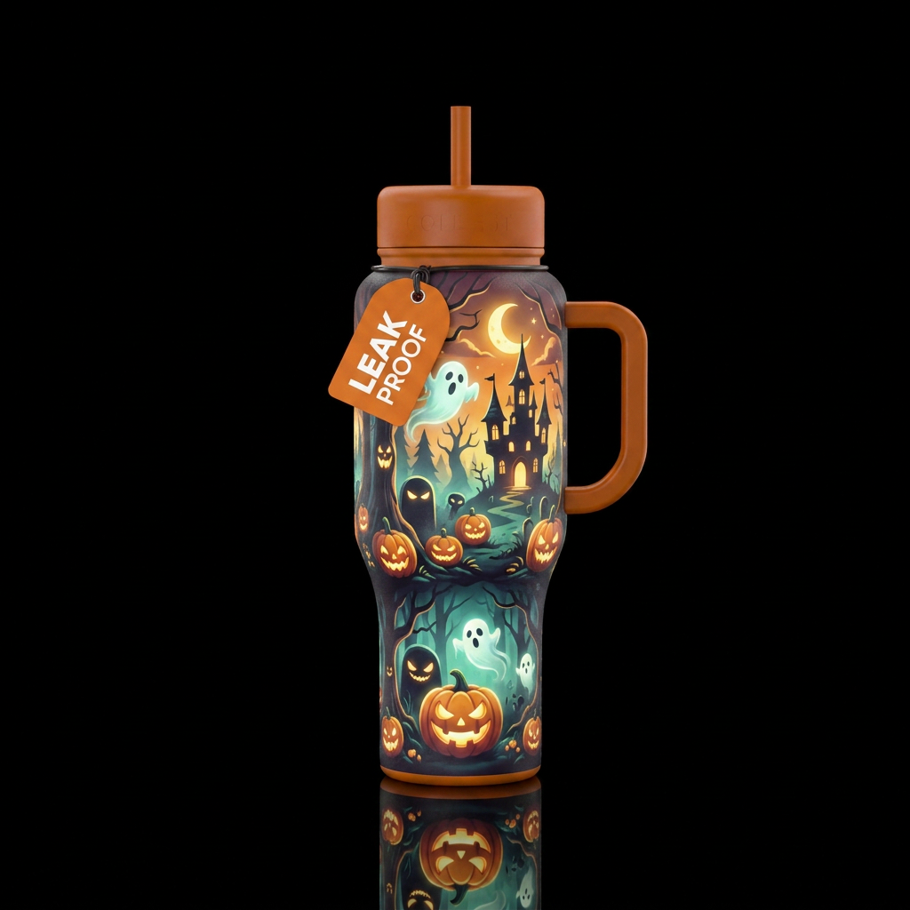 Glowy Halloween scene, catoony water bottle design