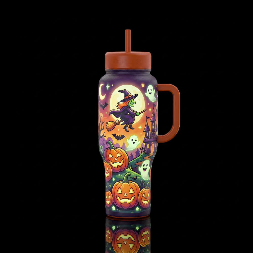 Glowy Halloween scene, cartoony water bottle design