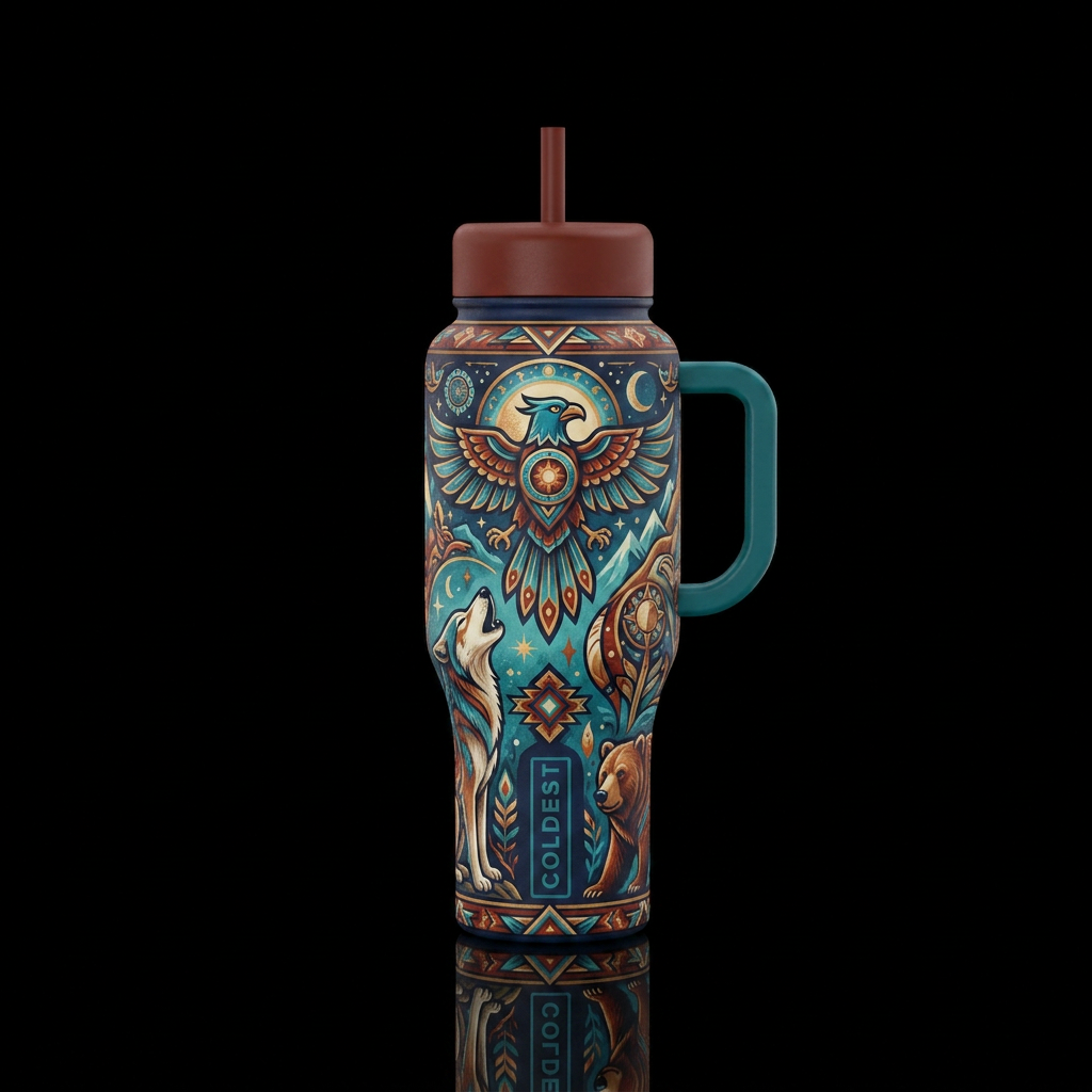 Tumbler inspired by native American mythology water bottle design