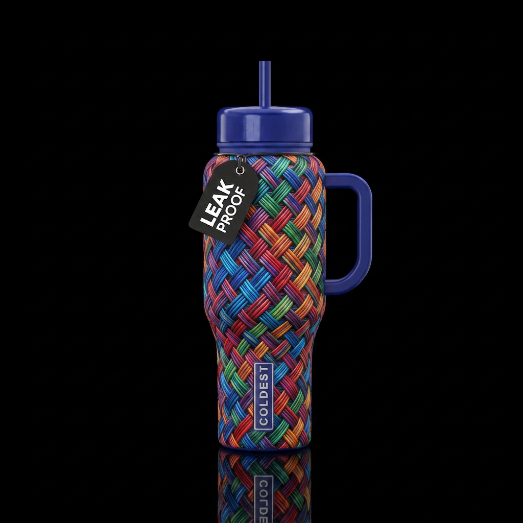 Tumbler inspired by basket weaving water bottle design
