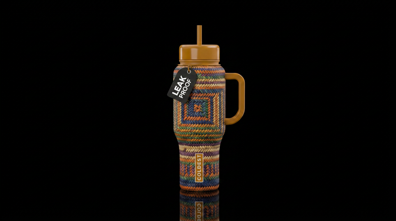 Tumbler inspired by basket weaving water bottle design