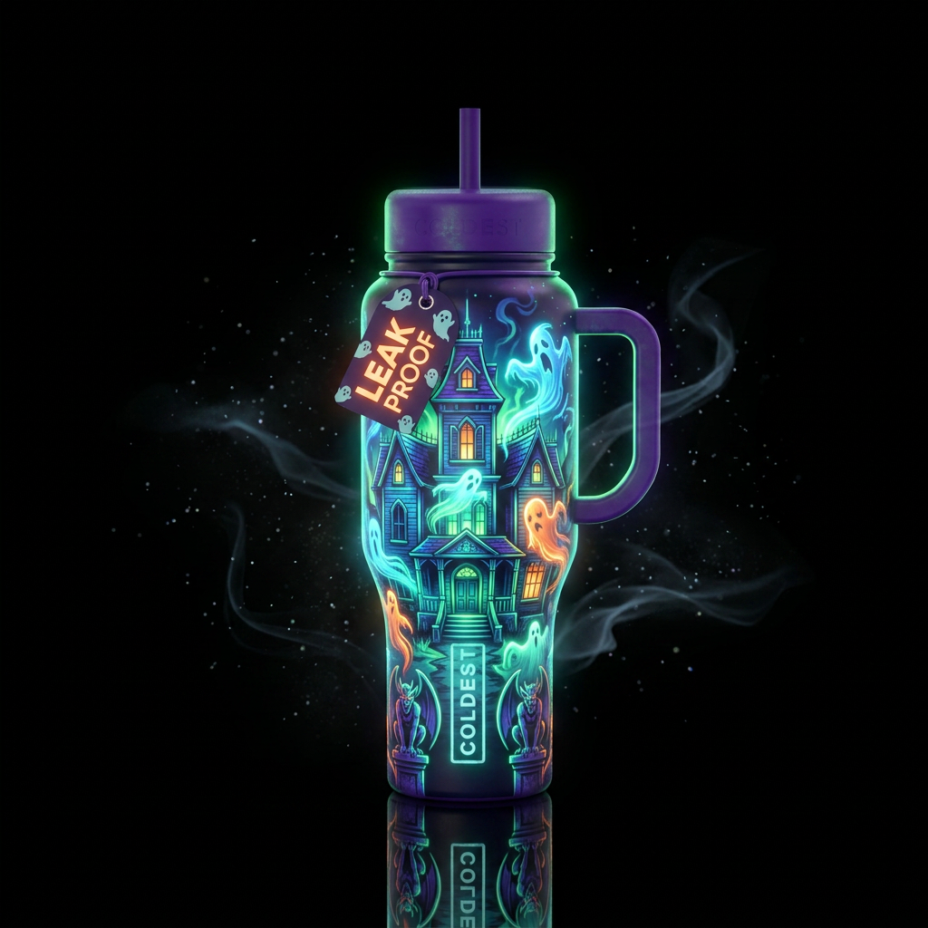 Tumbler inspired by a haunted mansion, glowy water bottle design