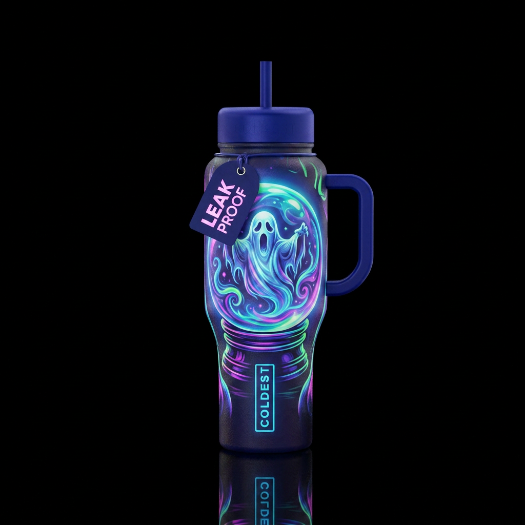Tumbler is haunted by ghost in a crystal ball, glo... water bottle design