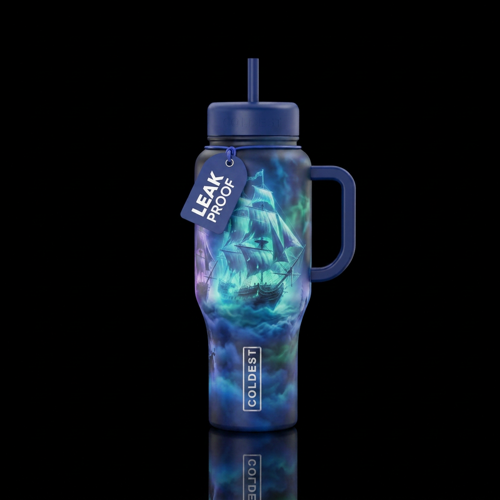 Tumbler is haunted by ghostly tall ships in a fog ... water bottle design
