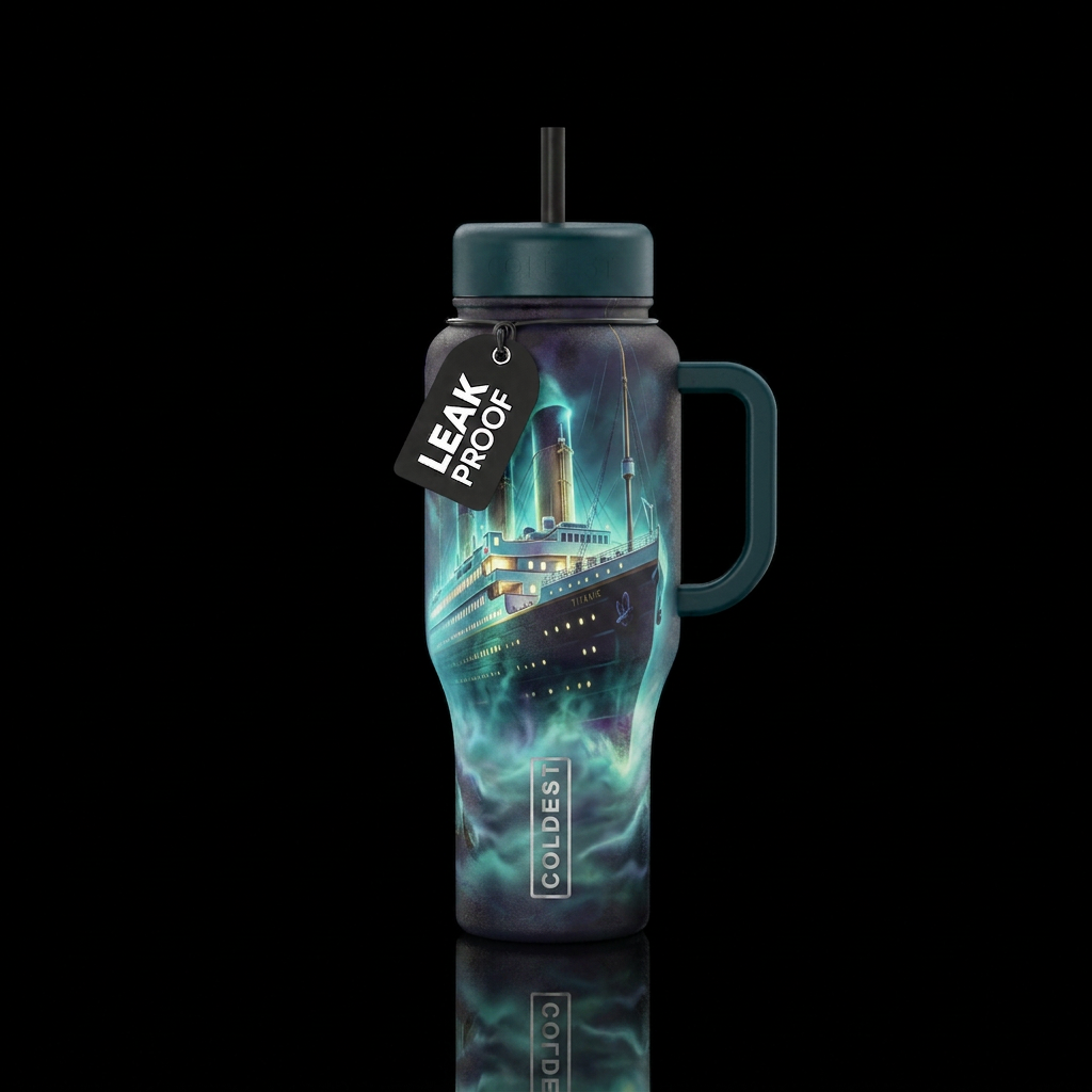 Tumbler is haunted by ghostly titanic in a fog glo... water bottle design