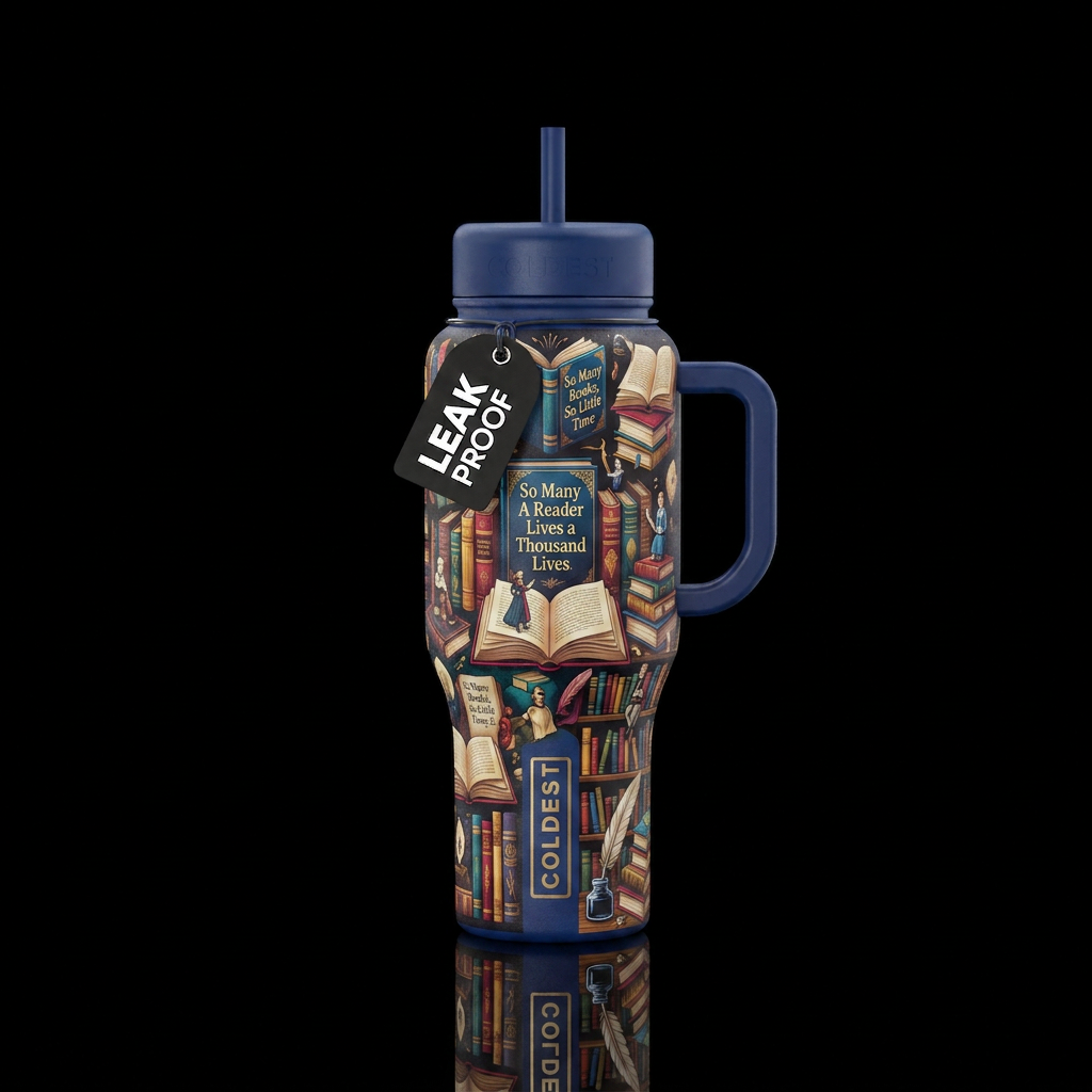 Tumbler inspired by love of reading, textured water bottle design