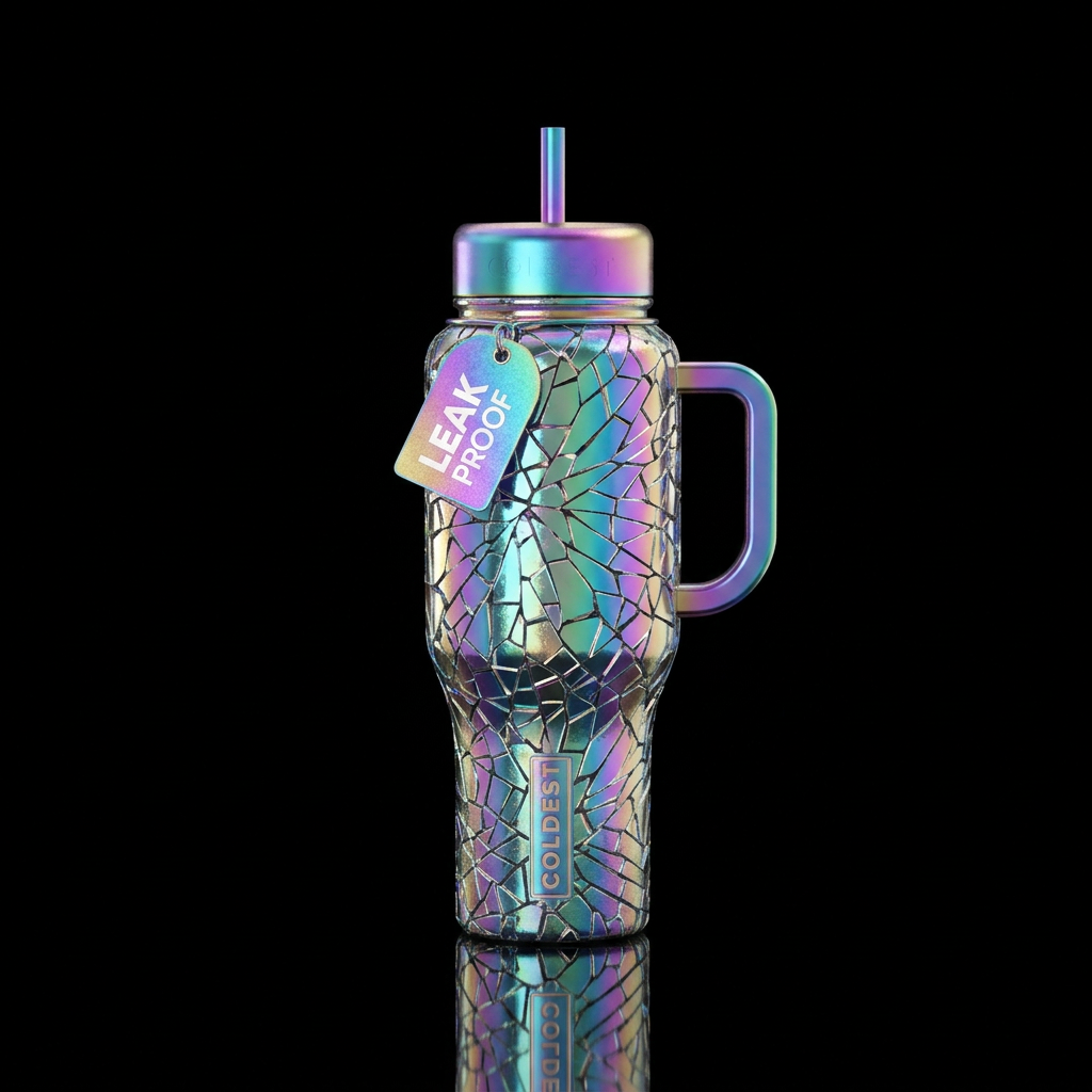 Shattered glass reflecting in the sunlight, irides... water bottle design