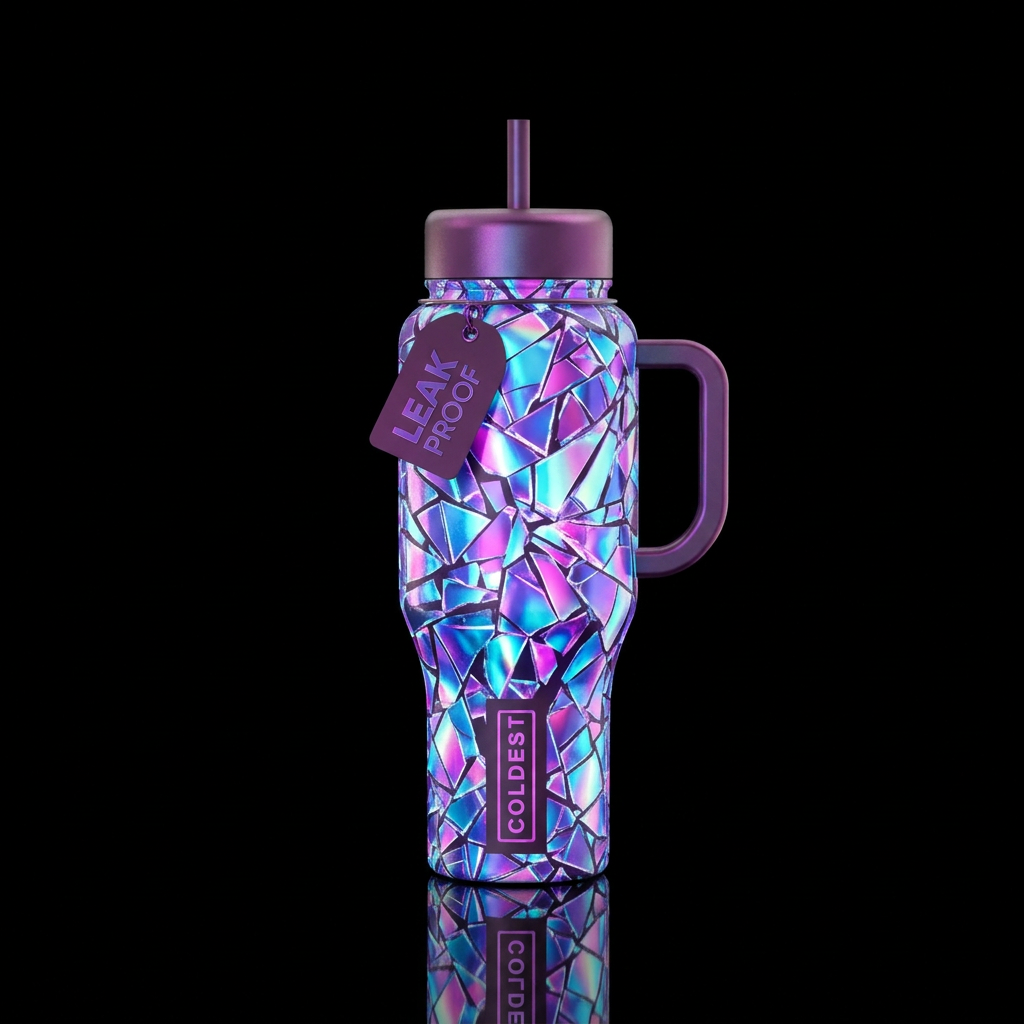 Shattered glass iridescent glows from behind water bottle design