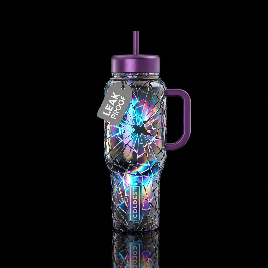 Shattered glass iridescent glows from behind water bottle design