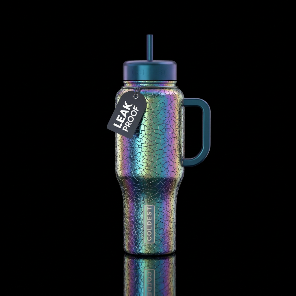 Cracked glass, iridescent water bottle design