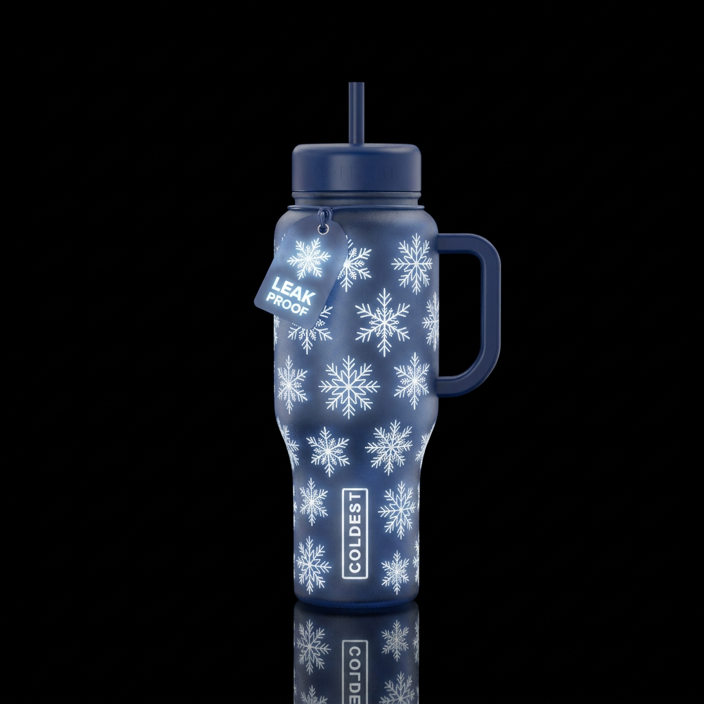 Frosted dark blue glass with white glowy snowflake... water bottle design