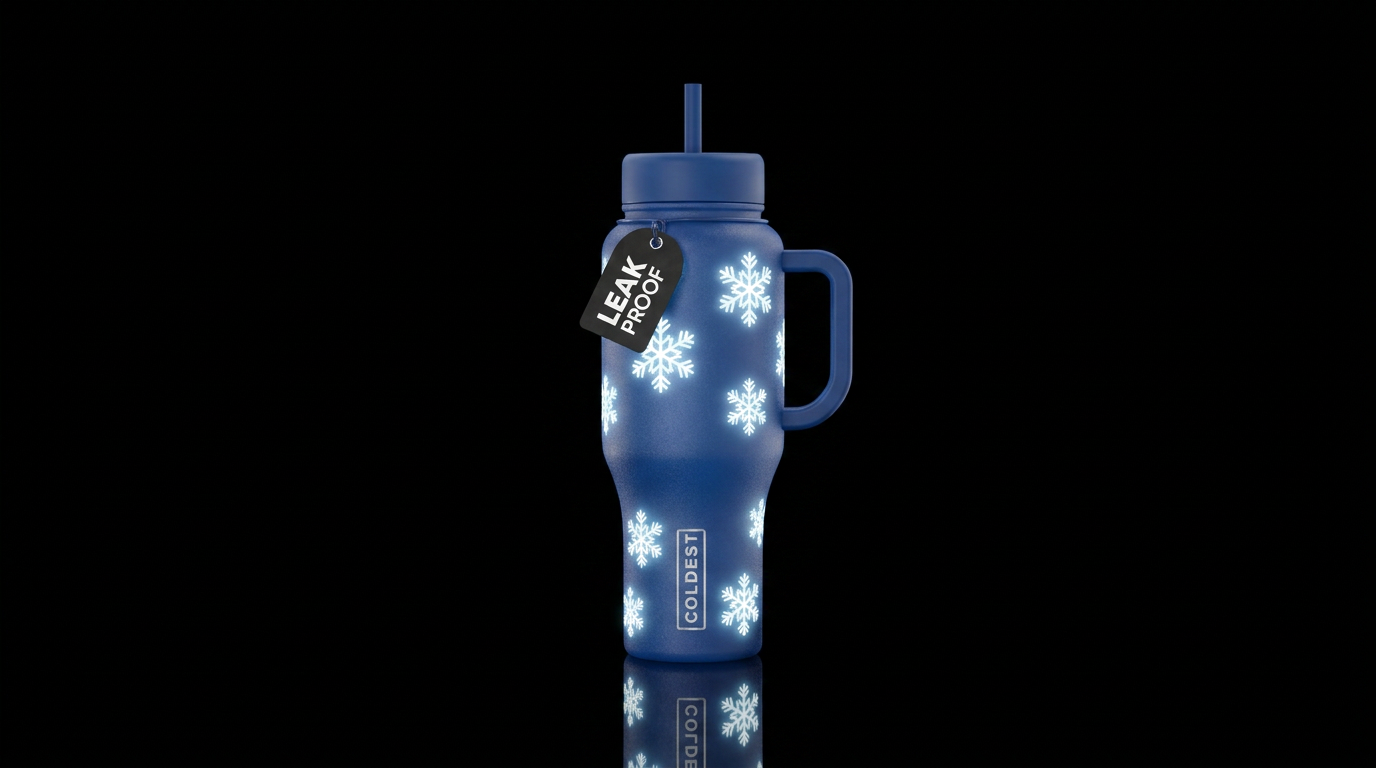 Frosted dark blue glass with white glowy snowflake... water bottle design