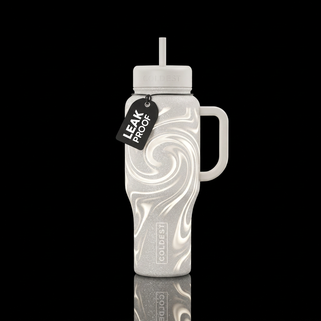 Glitter snow swirls pearl white, matt with glossy ... water bottle design