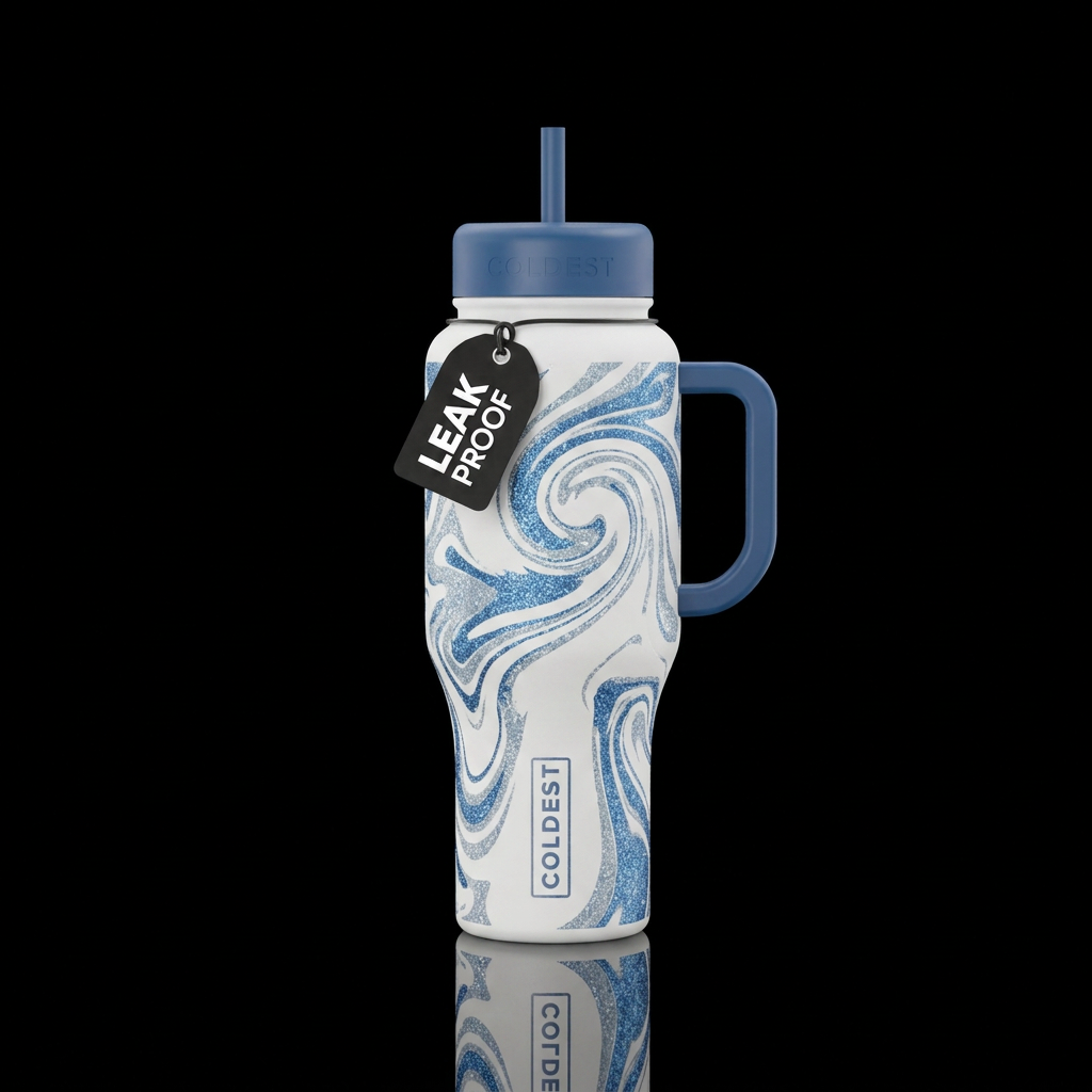 Blue and light Grey glitter swirls on matt white water bottle design