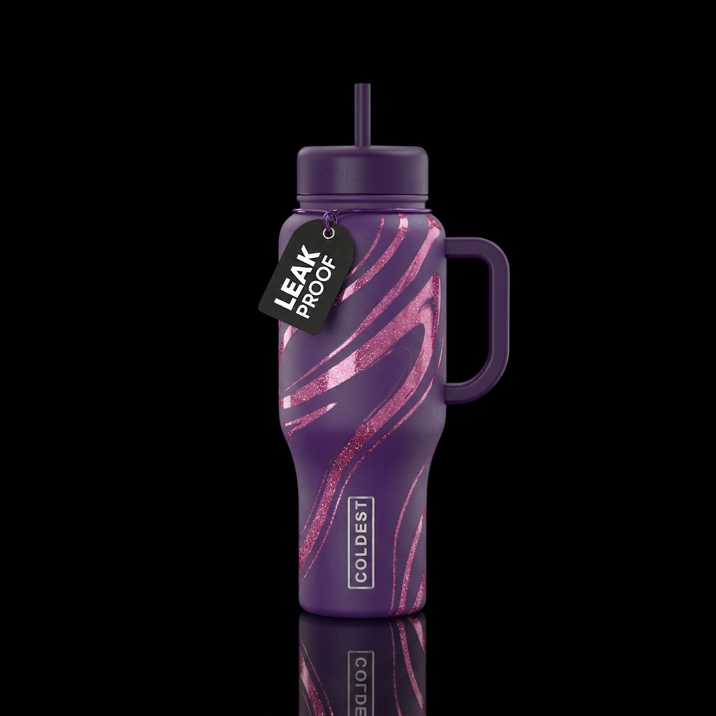Matt purple with glossy pink glitter swirls water bottle design