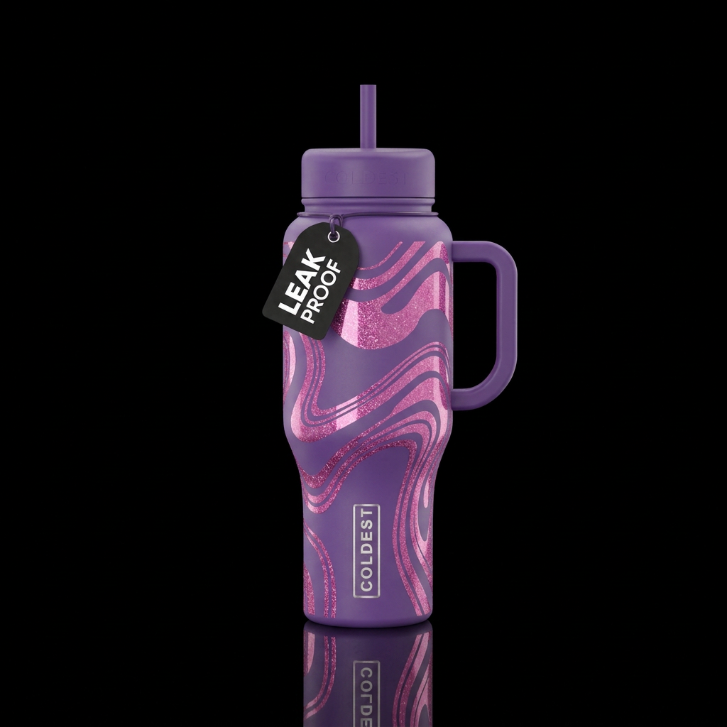 Matt purple with glossy pink glitter swirls water bottle design