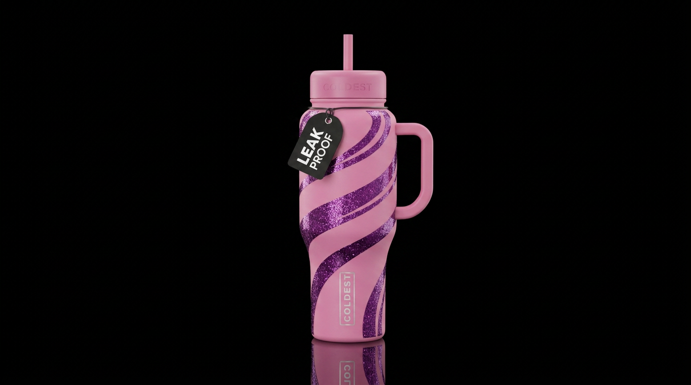 Matt pink with glossy purple glitter swirls water bottle design