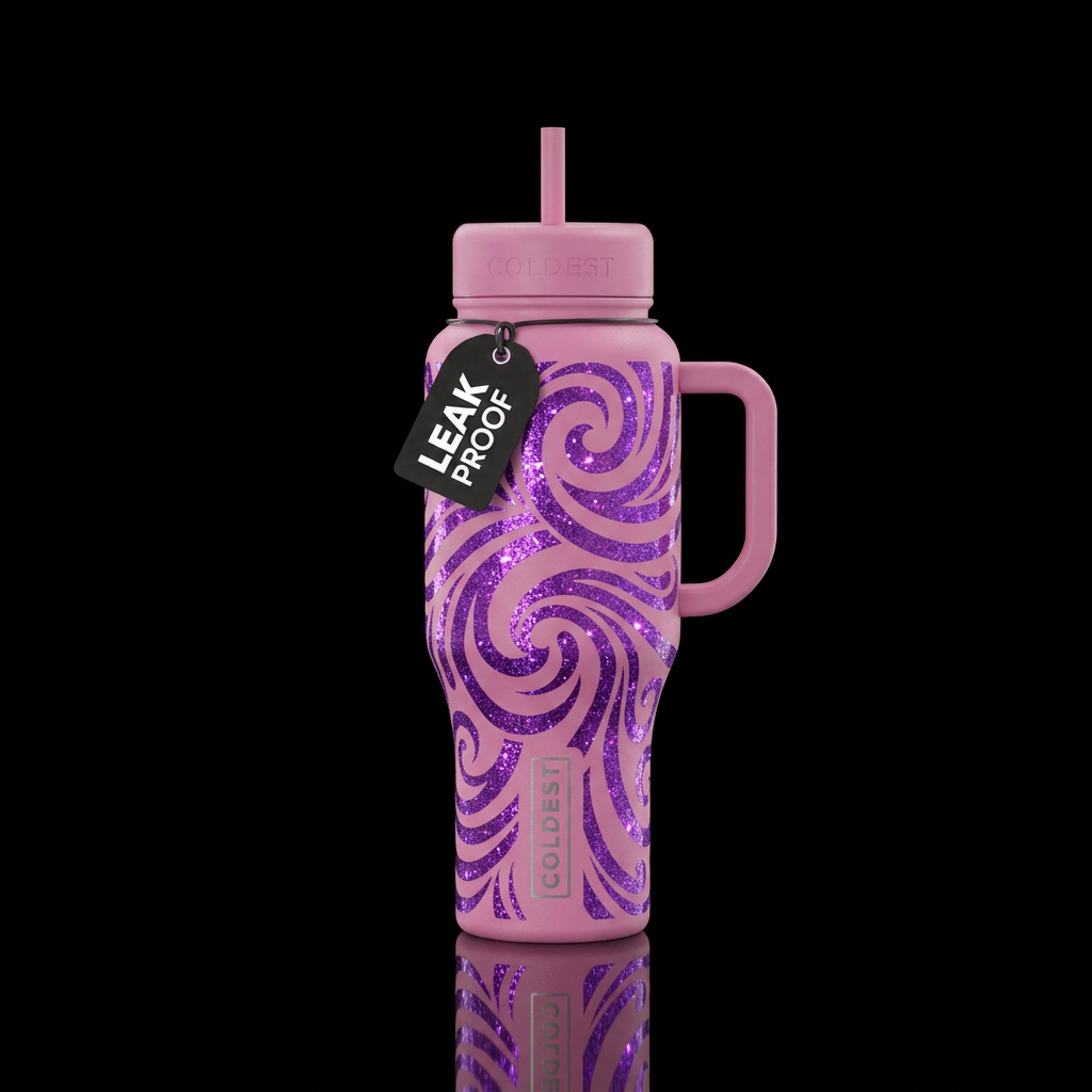 Matt pink with glossy purple glitter swirls water bottle design