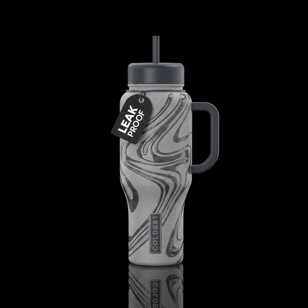 Matt light grey with glossy dark Grey glitter swir... water bottle design