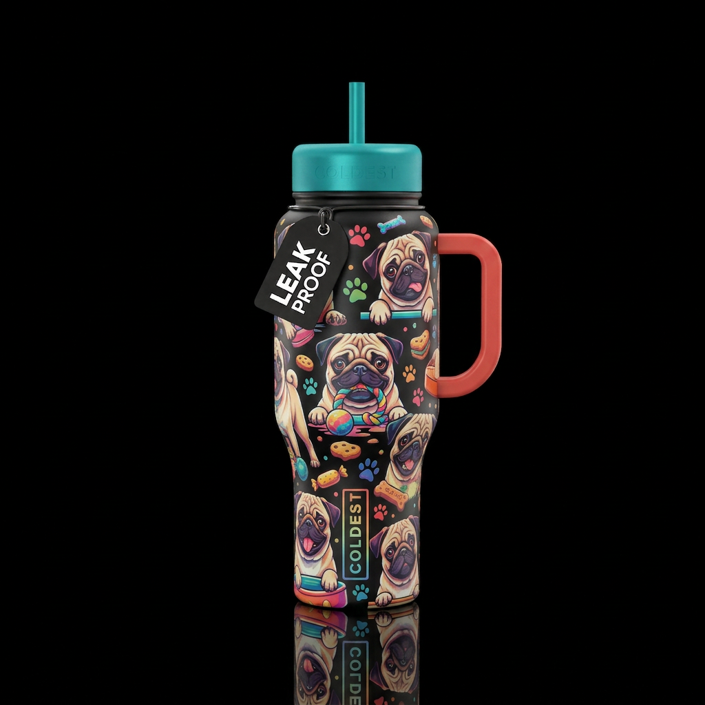Tumbler inspired by mischievous pugs water bottle design