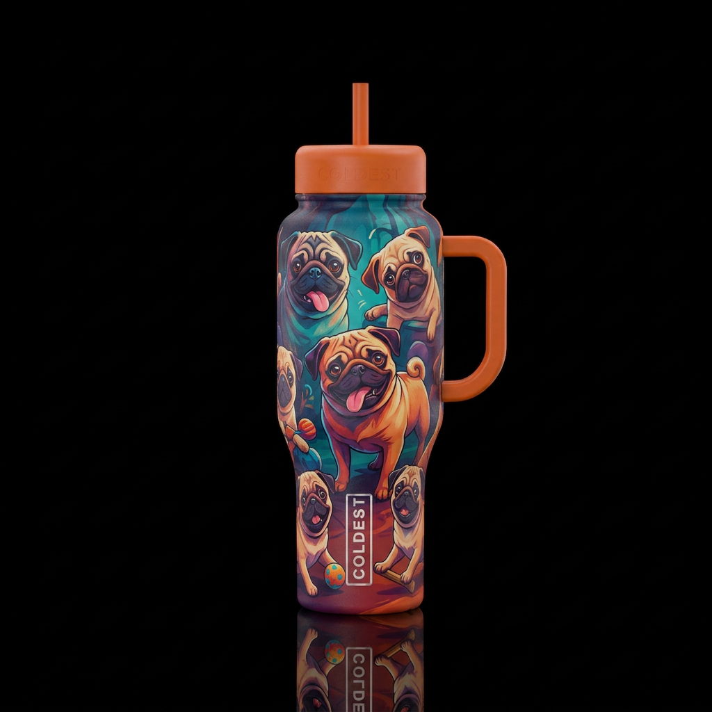 Tumbler inspired by mischievous pugs water bottle design