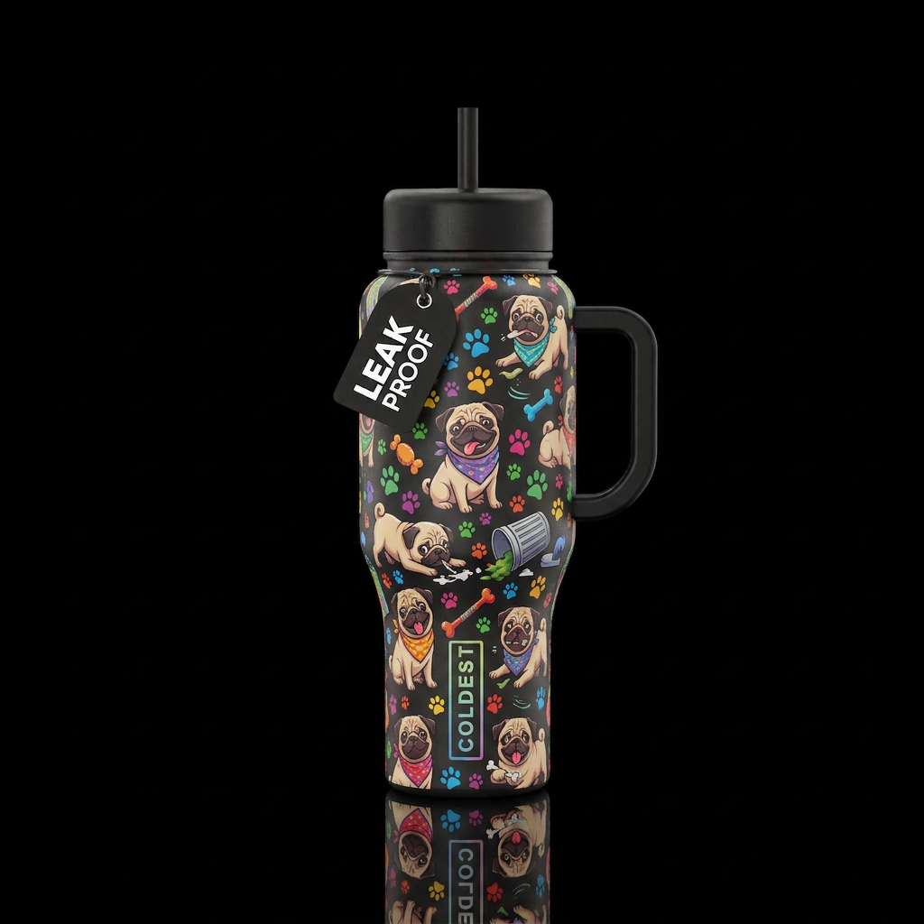 Tumbler inspired by mischievous pugs water bottle design