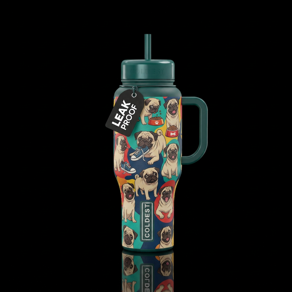 Tumbler inspired by mischievous pugs water bottle design