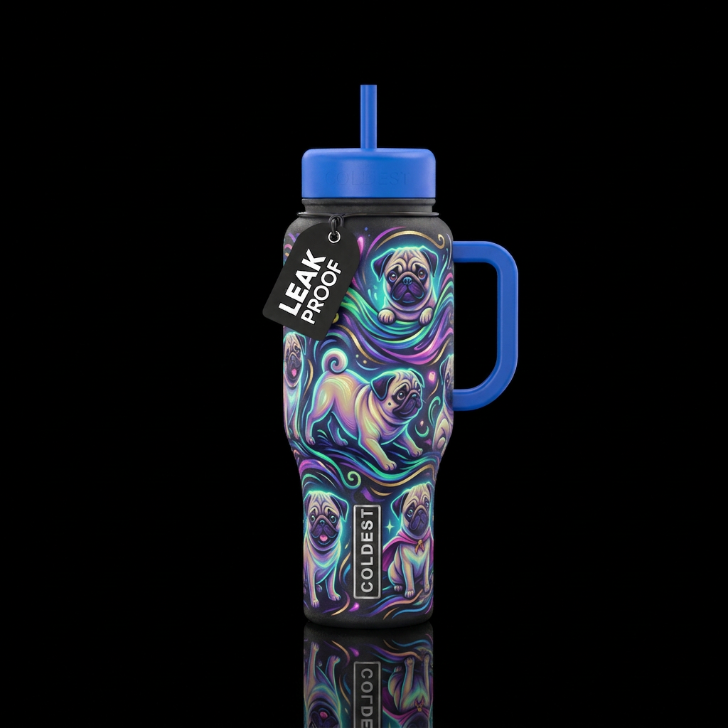 Tumbler inspired by mischievous pugs, glowy water bottle design