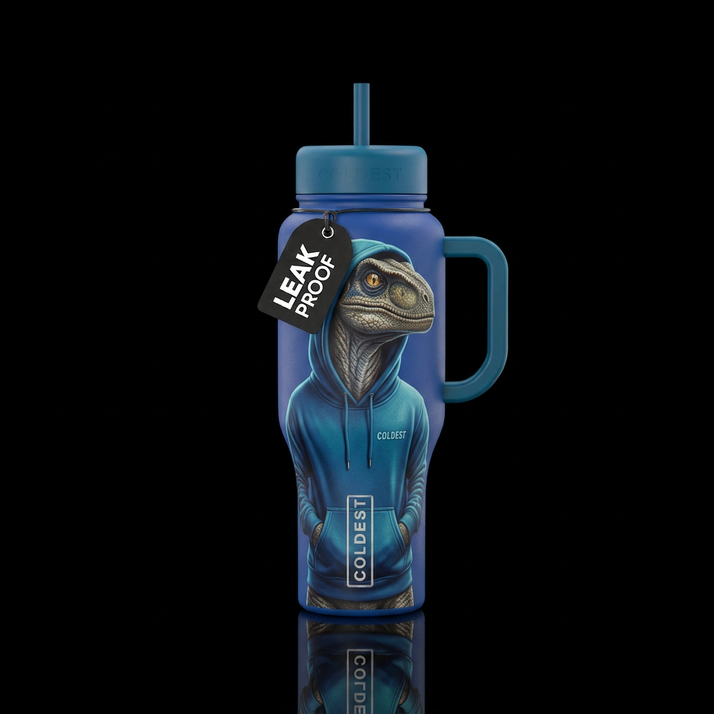 Veloceraptor wearing coldest hoodie water bottle design