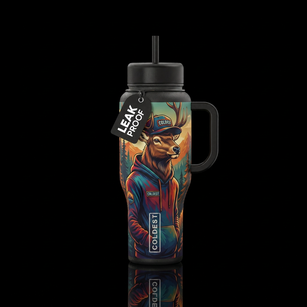 Elk wearing Coldest Hat and Hoodie water bottle design