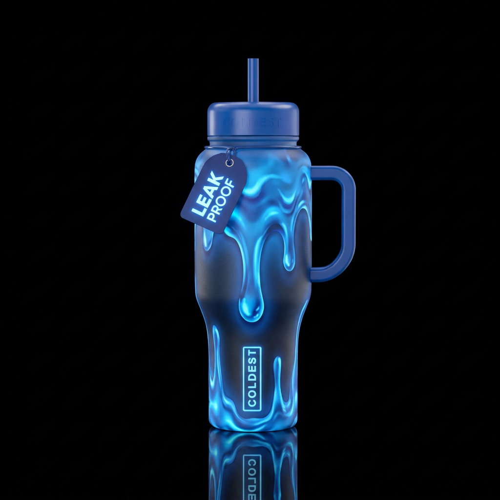 Drippy glowy blue goo water bottle design