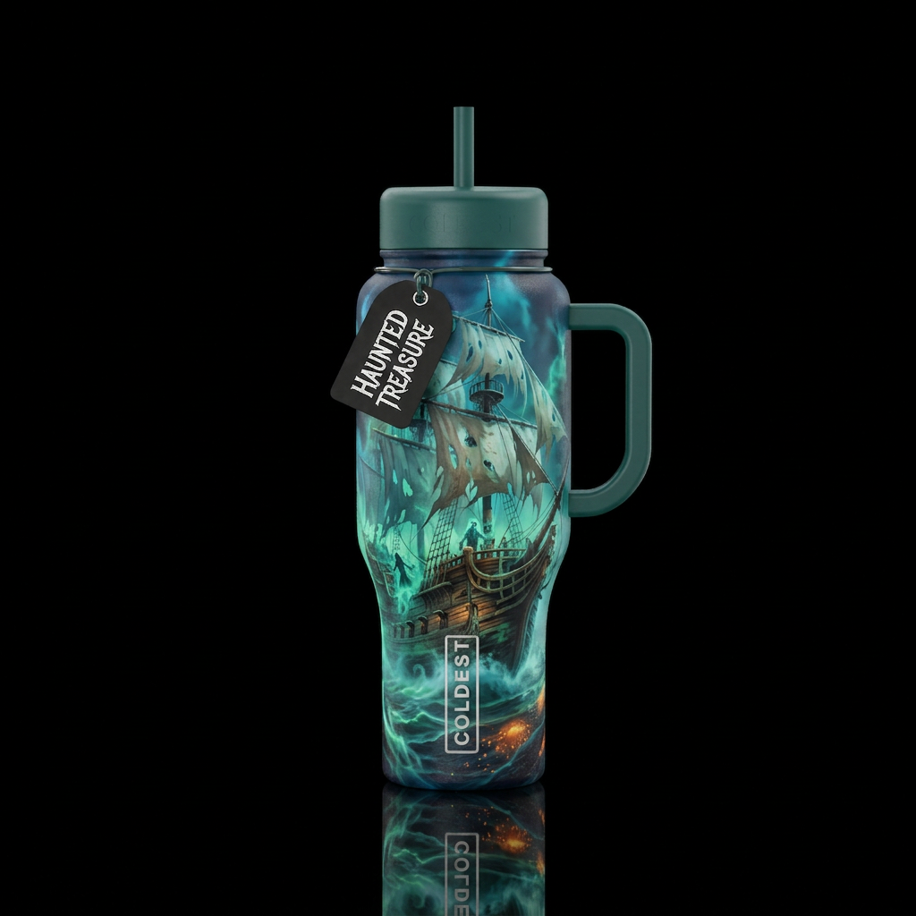 Haunted pirate ship with glowy fog water bottle design