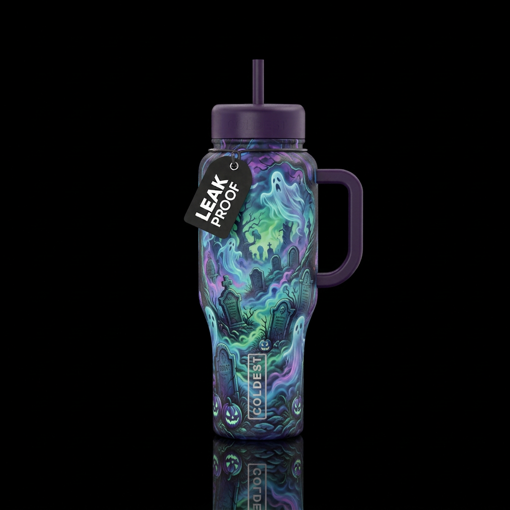 Glowy fog in graveyard with ghosts water bottle design