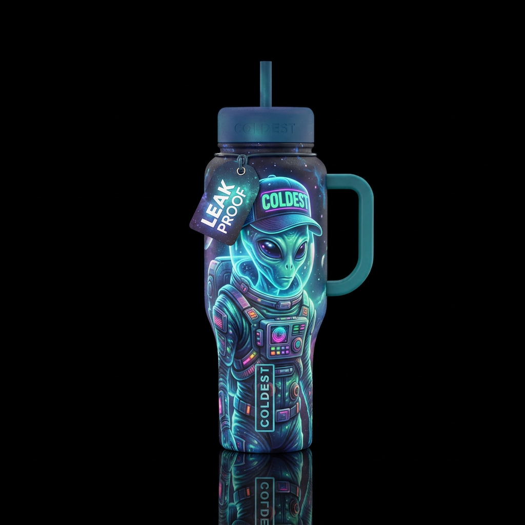 Glowy Alien with a coldest space suit and glowy co... water bottle design