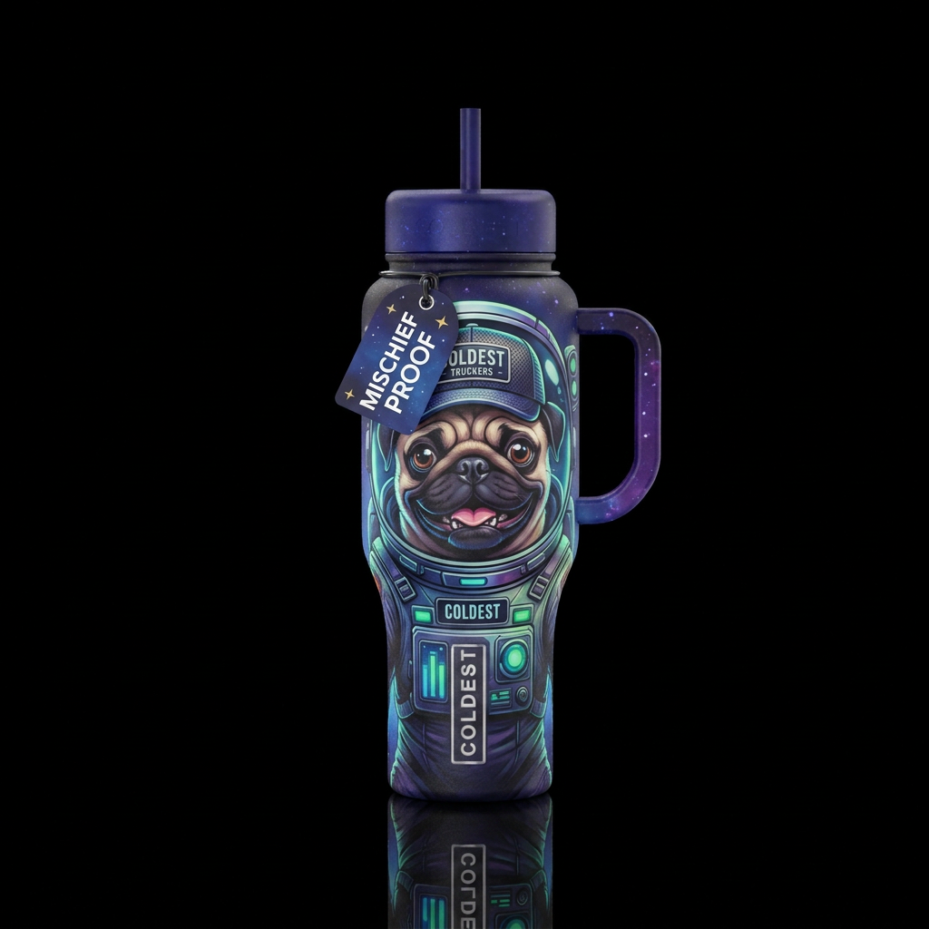 Mischievous pug in a space suit and coldest trucke... water bottle design
