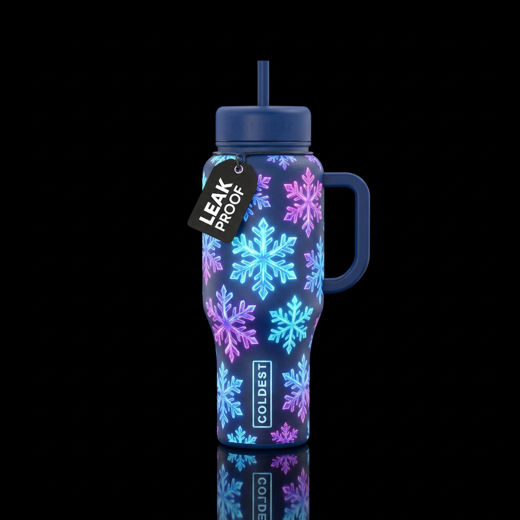 Tumbler inspired by glowy snowflakes water bottle design