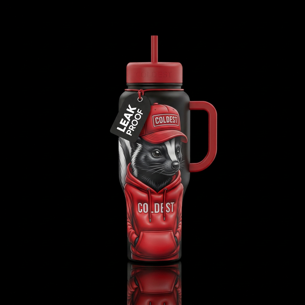 Black and White Skunk with red coldest hoodie and ... water bottle design