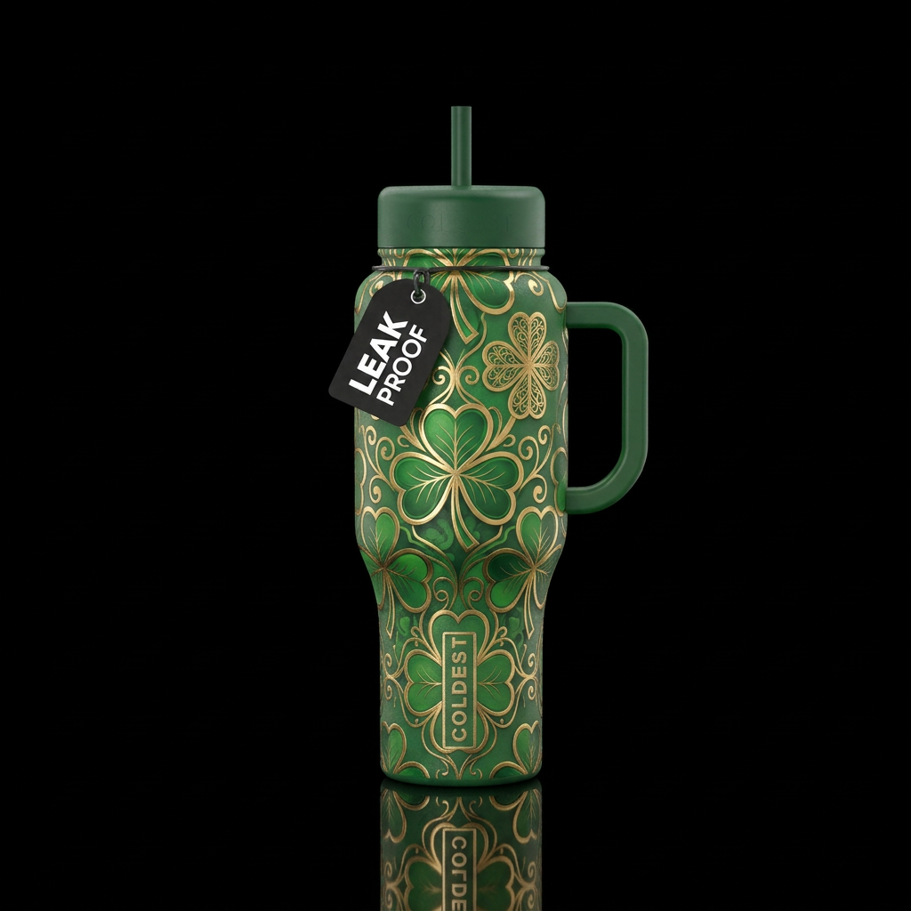 Tumbler inspired by green and gold shamrocks water bottle design