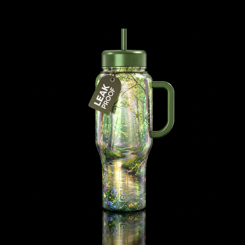 Tumbler inspired by forest glistening in the sun, ... water bottle design