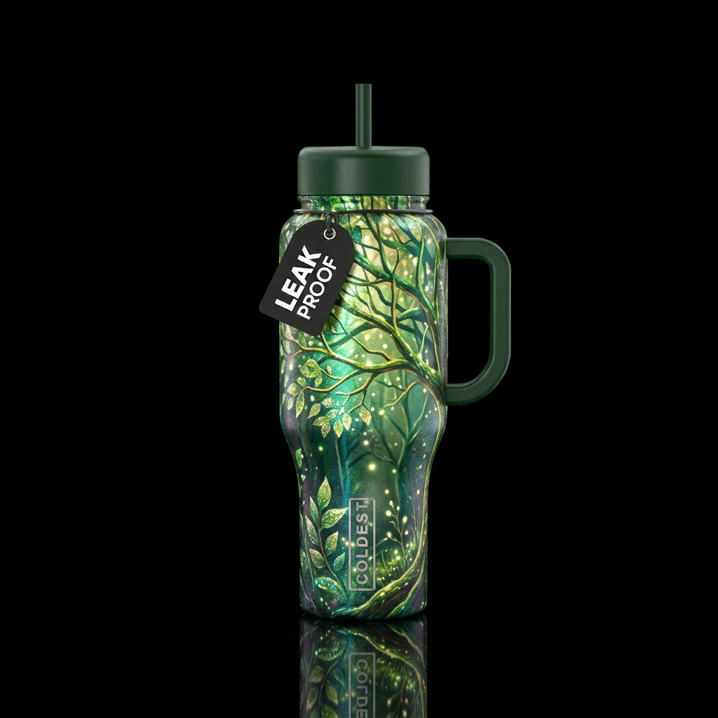 Tumbler inspired by forest glistening in the sun, ... water bottle design