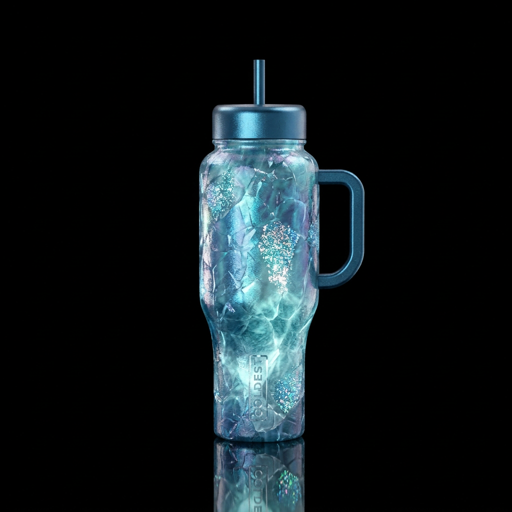 Tumbler inspired by glaciers, glistening in the su... water bottle design