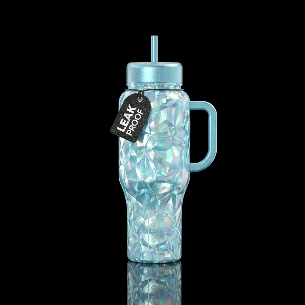 Tumbler inspired by glaciers, glistening in the su... water bottle design