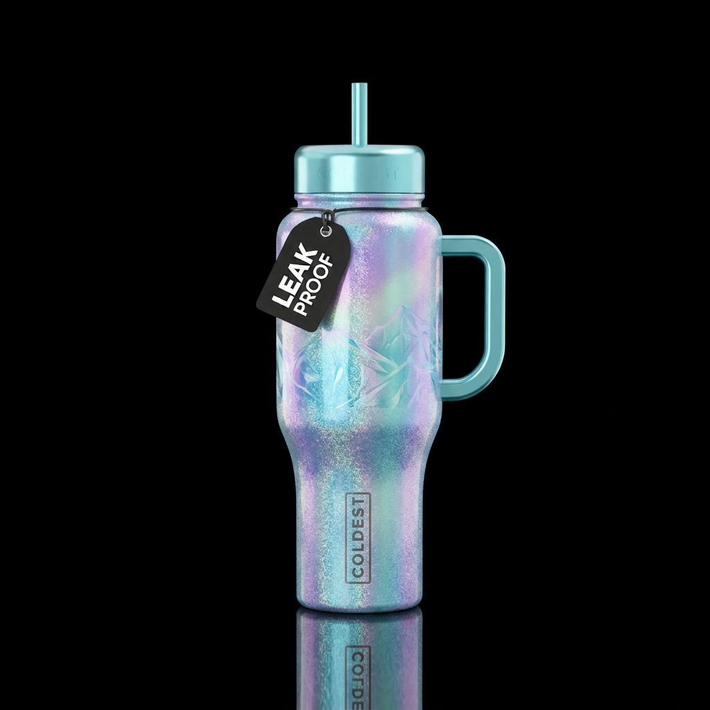 Tumbler inspired by glaciers, glistening in the su... water bottle design