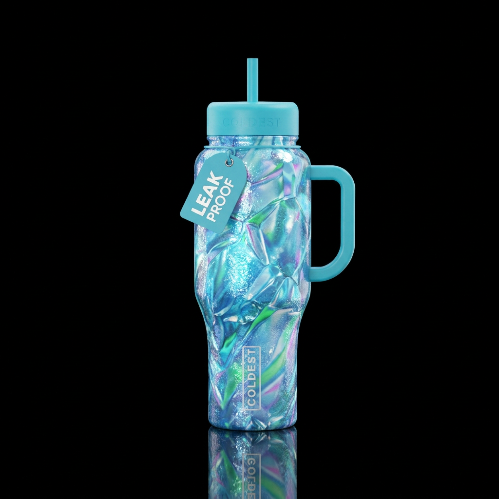 Tumbler inspired by glaciers, glistening in the su... water bottle design