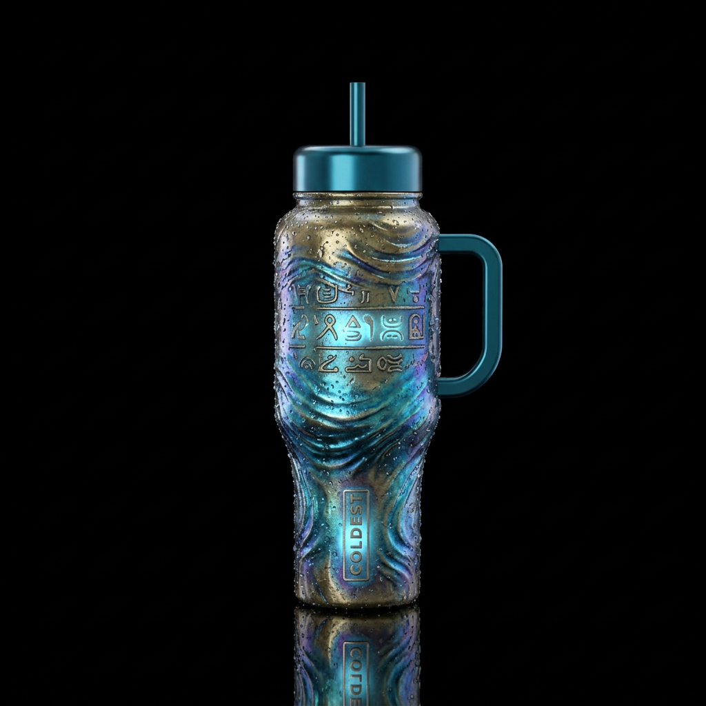 Tumbler inspired by atlantean metal alloy, glisten... water bottle design